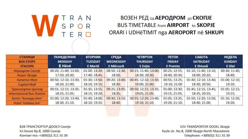 Programul autobuzului de la aeroport din Skopje către centru